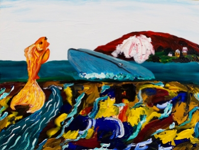 “Thai Fish and Blue Whale Haggle Future Territory” 2016. Acrylic on canvas, 16 x 12"