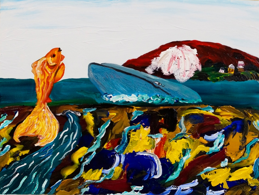 “Thai Fish and Blue Whale Haggle Future Territory” 2016. Acrylic on canvas, 16 x 12"